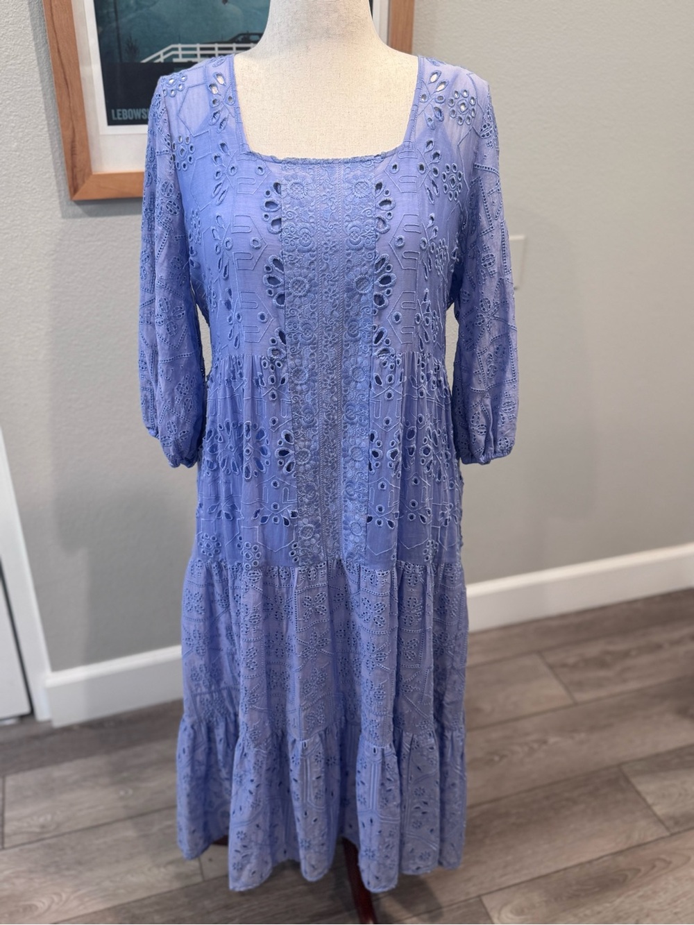 Johnny Was Periwinkle/ Lavender Eyelet Square-Neck Midi/ Maxi Dress Size Medium